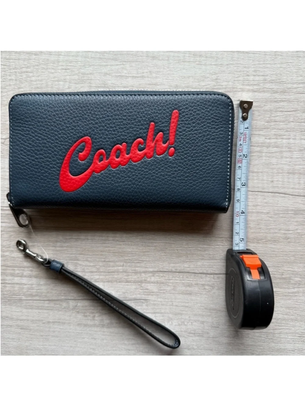 Coach Navy Leather Zip Wallet with Red Script Logo